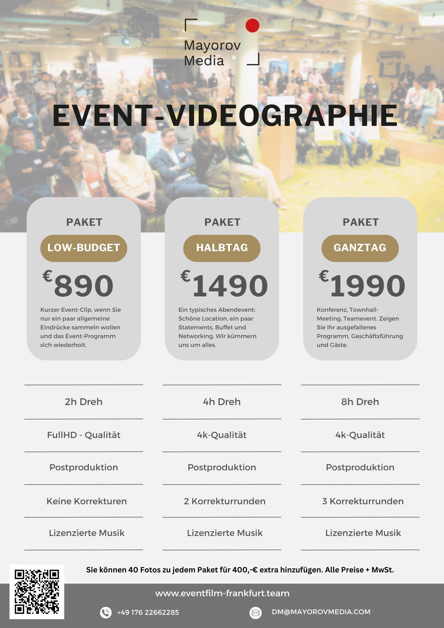 Preise für Event-Videografie, u. a. Paket Low-Budget 890 €, Halbtag 1.490 €, Ganztag 1.990 €